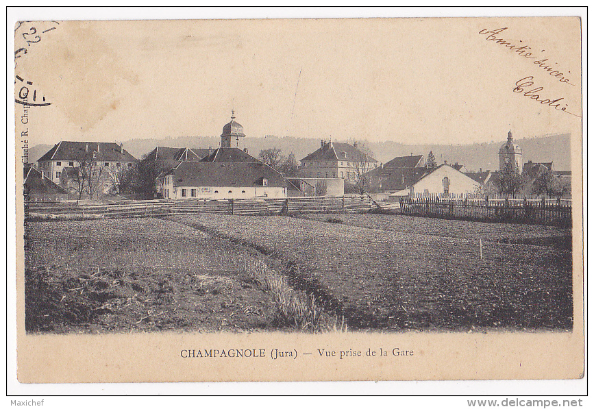 Champagnole - Vue Prise De La Gare (publicité "Floquet, Restaurant")- Circulé Sans Date, Timbre Décollé - Champagnole