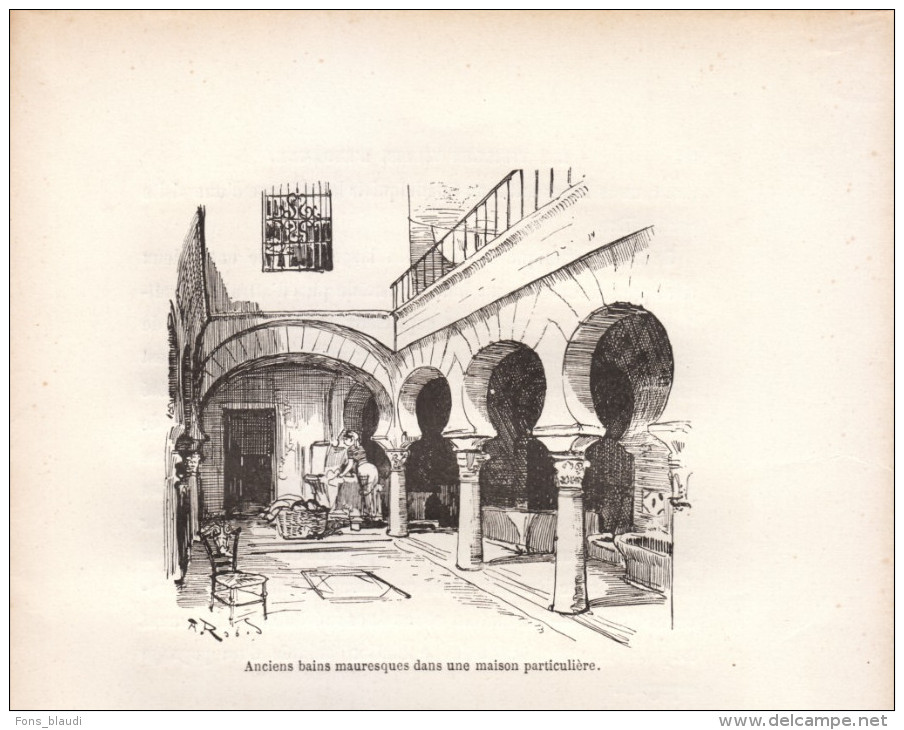 1880 - Albert ROBIDA - Gravure Sur Bois - Cordoue (Córdoba) - Anciens Bains Mauresques Dans Une Maison  - FRANCO DE PORT - Estampes & Gravures