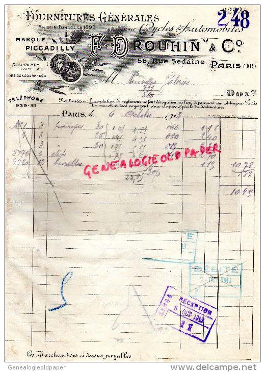 75011 -75-  PARIS - FACTURE F. DROUHIN - FOURNITURES POUR CYCLES ET AUTOMOBILES- 56 RUE SEDAINE-1913- PICADILLY - Transport