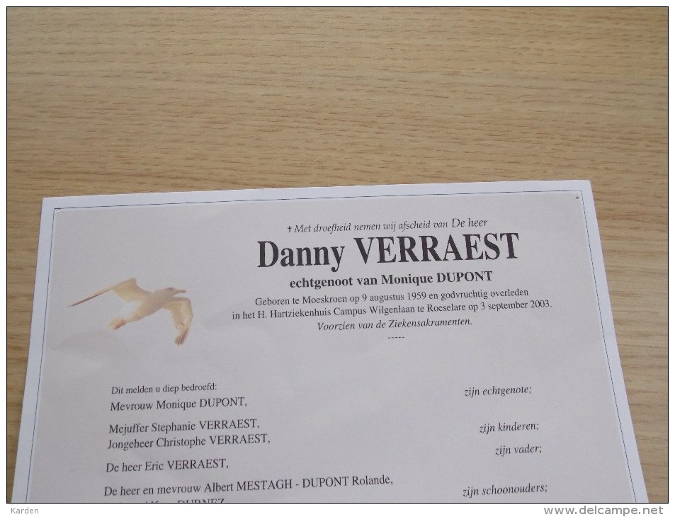 Doodsbrief Danny Verraest Moeskroen 9/8/1959 Roeselare 3/9/2003 ( Monique Dupont ) - Religion & Esotericism