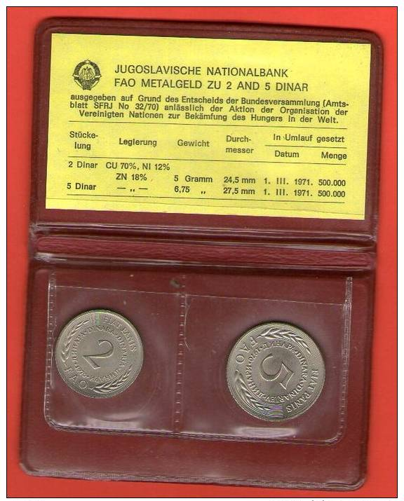 YUGOSLAVIA  JUGOSLAVIA  2 + 5 Dinara 1970  .G.   --- FAO   Commemorative Set     ------  UNC - Yugoslavia