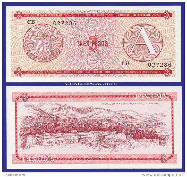 1985  CUBA  FOREIGN EXCHANGE NOTE 3 PESOS SERIES A  KRAUSE FX 2 UNC. CONDITION - Cuba