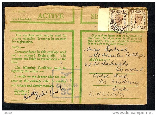 GB 1943 Green Active Service OAS Cover RAF Censor 30 FPO ? With Added 2 X 5d (T592) - Postmark Collection