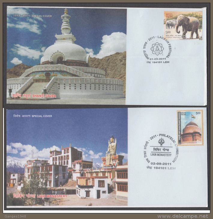 India  2011  Buddhism  Likir Monastery  Buddha Statue &amp; Shanti Stupa  2  Leh  Special Covers.  # 87301  Inde Indien - Buddhism