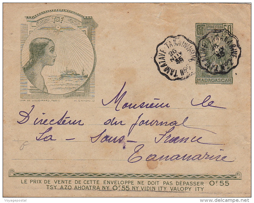 Lettre Madagascar TSF Entier Postal CaD Ambulant TAMATAVE A TANANARIVE N°2 1935 - Briefe U. Dokumente