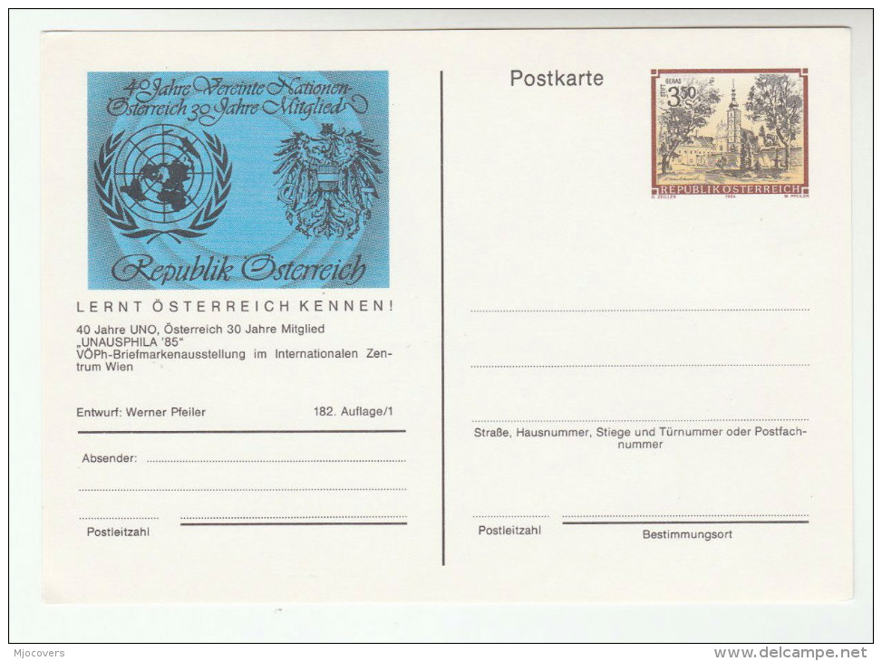 1985 AUSTRIA UN Ausphilia  Postal Stationery Card Cover Stamps Exhibition  United Nations - Postcards