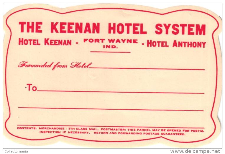 13 HOTEL LABELS USA IDIANA Fort Wayne Indianapolis IDAHO Boise IOWA Sioux Oelwein NEWJERSEY  trenton Newark Atlantic