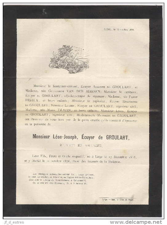 Faire-part Décès Léon Joseph De Groulart écuyer étudiant En Médecine, Liège 1878 - Décès