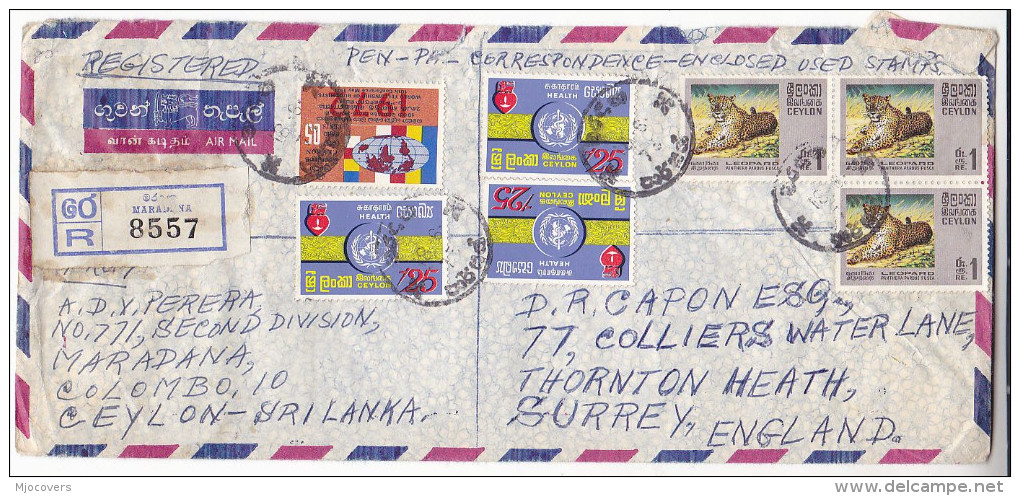 1973 REGISTERED Air Mail CEYLON COVER Stamps 3x LEOPARD, 3x WHO UNITED NATIONS Un Stamps - Sri Lanka (Ceylon) (1948-...)