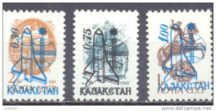 1992. Kazakhstan, OP Rocket Of Soviet Stamps, 3v, Mint/** - Kazakistan