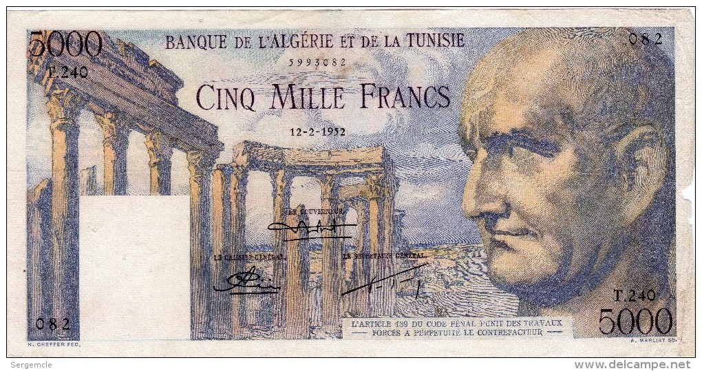 Magnifique Billet De 5000 Frs BANQUE DE L´ALGERIE ET DE LA TUNISIE 12.2.1952 - Tunisie