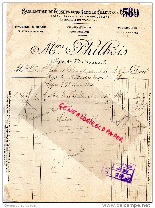 75 - PARIS - FACTURE MME PHILBOIS- 2 RUE MULHOUSE- MANUFACTURE CORSETS POUR FEMMES FILLETTES ENFANTS- -1913 - 1900 – 1949