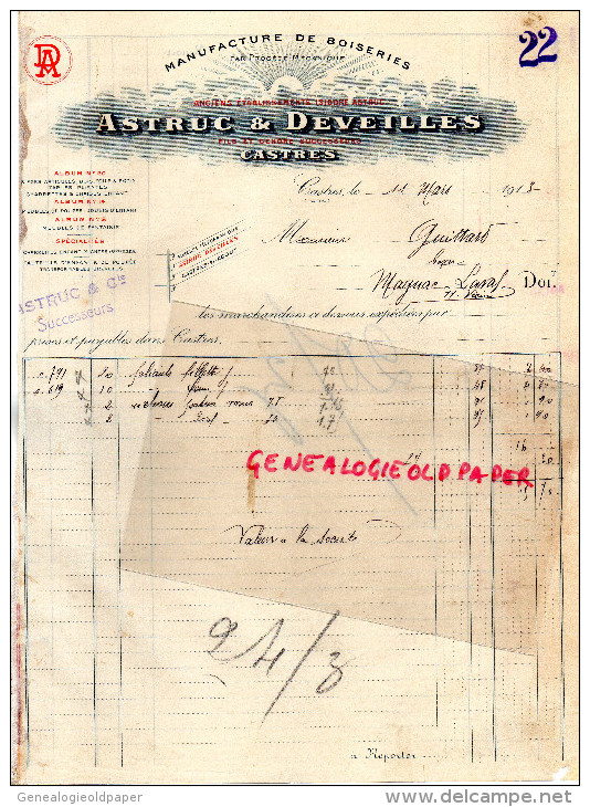 81- CASTRES - FACTURE ASTRUC & DEVEILLES- MANUFACTURE BOISERIES- 1913 - 1900 – 1949