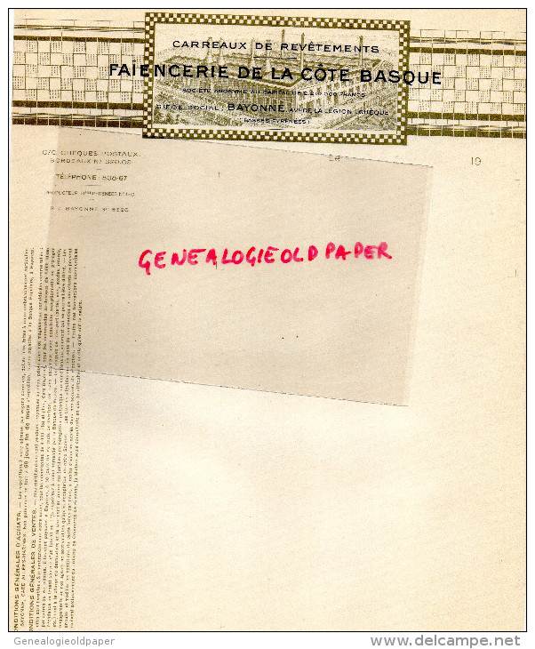 64 - BAYONNE - FACTURE FAIENCERIE DE LA COTE BASQUE- AV. DE LA LEGION TCHEQUE-  1920 - 1900 – 1949