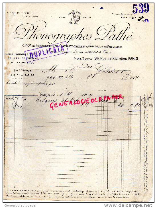 75002 - PARIS - FACTURE PHONOGRAPHES PATHE - CINEMA- PHONOGRAPHE- 98 RUE RICHELIEU-1909 - 1900 – 1949