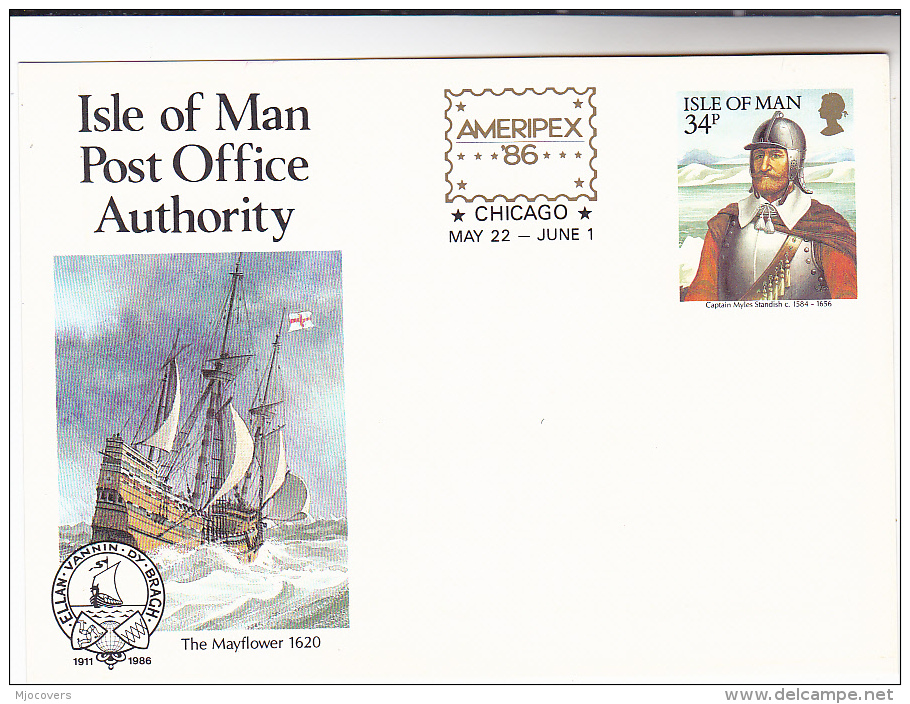 1986 ISLE OF MAN Postal Stationery AMERIPEX The MAYFLOWER Sailing Ship CAPTAIN STANDISH Pilgrim Fathers Stamps - Ships