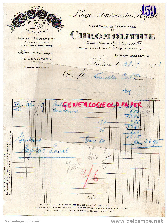 75003 - PARIS - FACTURE LINGE AMERICAIN HYATT- CIE DE CHROMOLITHIE- 11 RUE BAILLY-1913-USINE A STAINS - 1900 – 1949