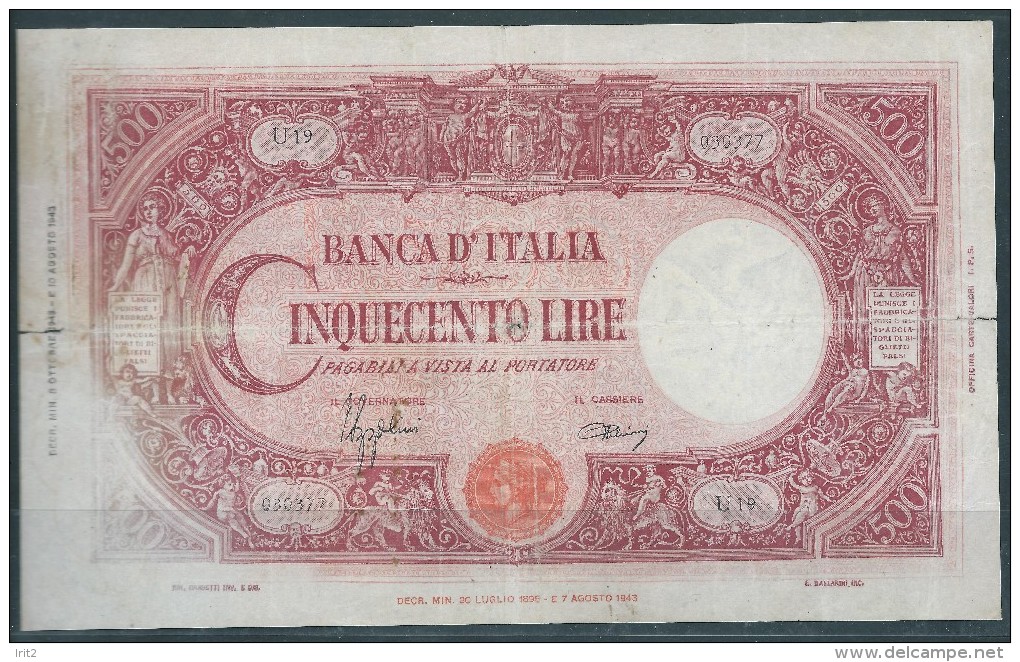 ITALY  ITALIA ITALIEN ITALIE 1943  500 LIRE B.B - 500 Lire