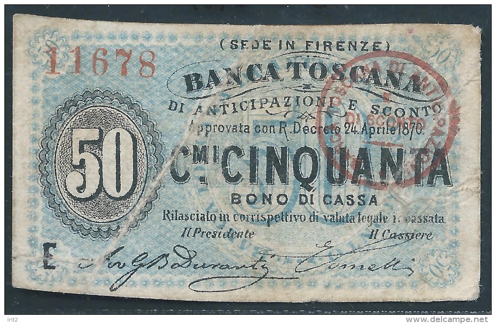 ITALY  ITALIA ITALIEN ITALIE      1870  50 CENTESIMI BANCA TOSCANA ANTI SCONTO  RAR - Buoni Di Cassa