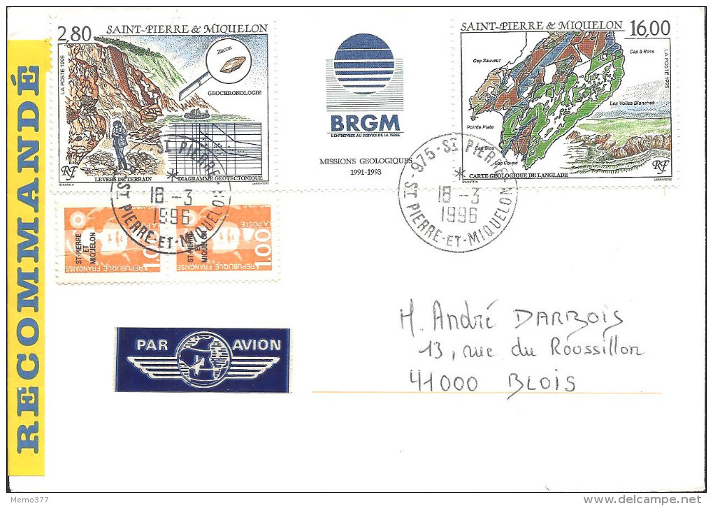 FRANCE - SAINT-PIERRE & MIQUELON -==- Enveloppe Recommandé Cachet Départ 18.3.1996 Pour BLOIS - Other & Unclassified