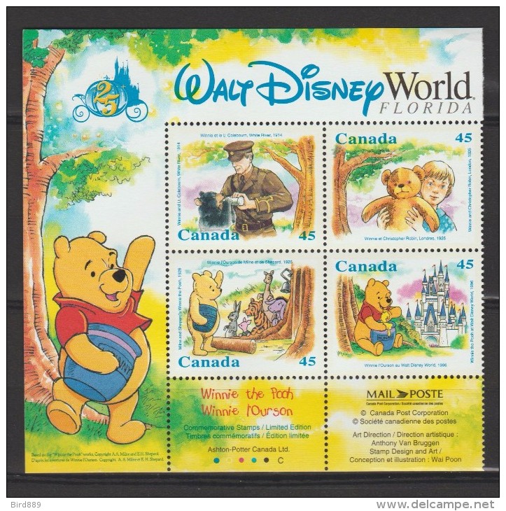 1996 Canada Winnie The Pooh Cartoon Florida Disney World Block Of 4 MNH - Neufs