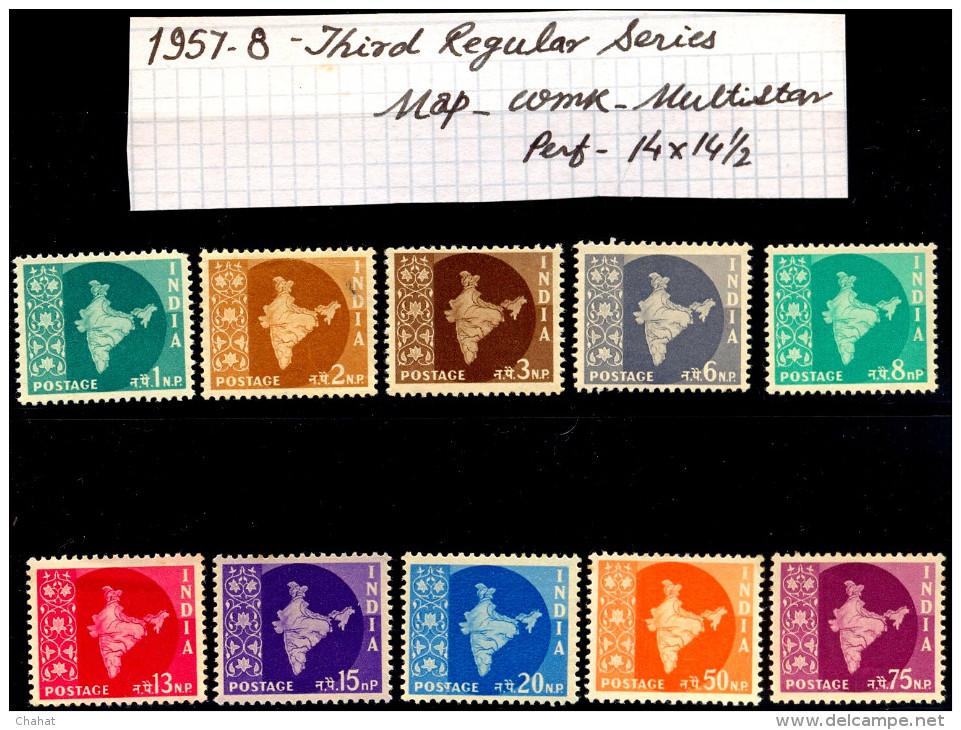 THIRD REGULAR MAP SERIES-WMK-MULTI STARS-INDIA-1957-58-MNH-SCARCE- A6-605 - Unused Stamps