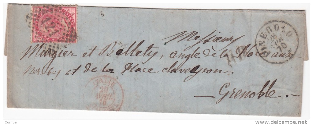 LETTRE . 1870 ITALIE PINEROLO ENTRÉE ROUGE ITALIE St MICHEL  PD 40c POUR GRENOBLE / 907 - 1849-1876: Klassik