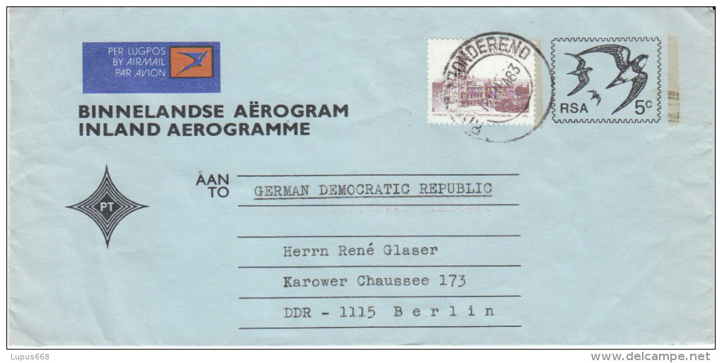 RSA Inland- Aerogramm Mit Zusatzfrankatur  Befördert/ Used 1983 Von RIVIERSONDEREND Nach BERLIN, DDR - Unclassified
