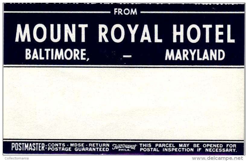 17 HOTEL LABELS USA MASSASUCHETS Boston MARYLAND Baltimore MAINE Pub Poland Spring LOUISANA N Orleans KENTUCKY  KANSAS