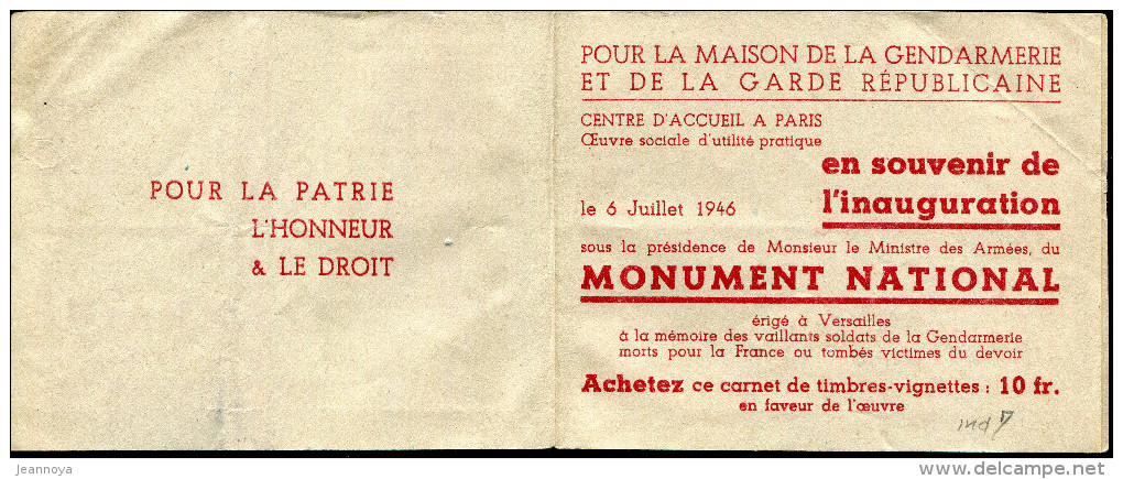 FRANCE -  CARNET DE 8 VIGNETTES POUR LA GENDARMERIE & LA GARDE REPUBLICAINE EN 1946 - TB - Vignettes Militaires