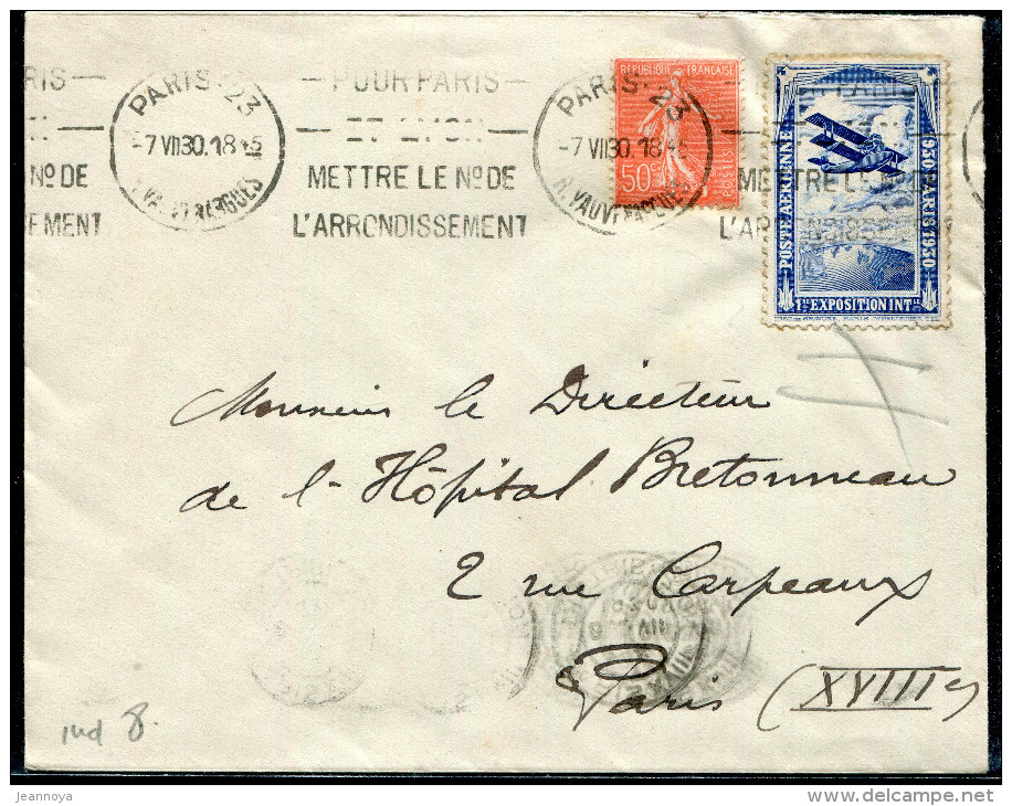 FRANCE - N° 199 + VIGETTE POSTE AÉRIENNE PARIS 1930 , SUR LETTRE DE PARIS LE 7/7/1930 - TB - Aviation