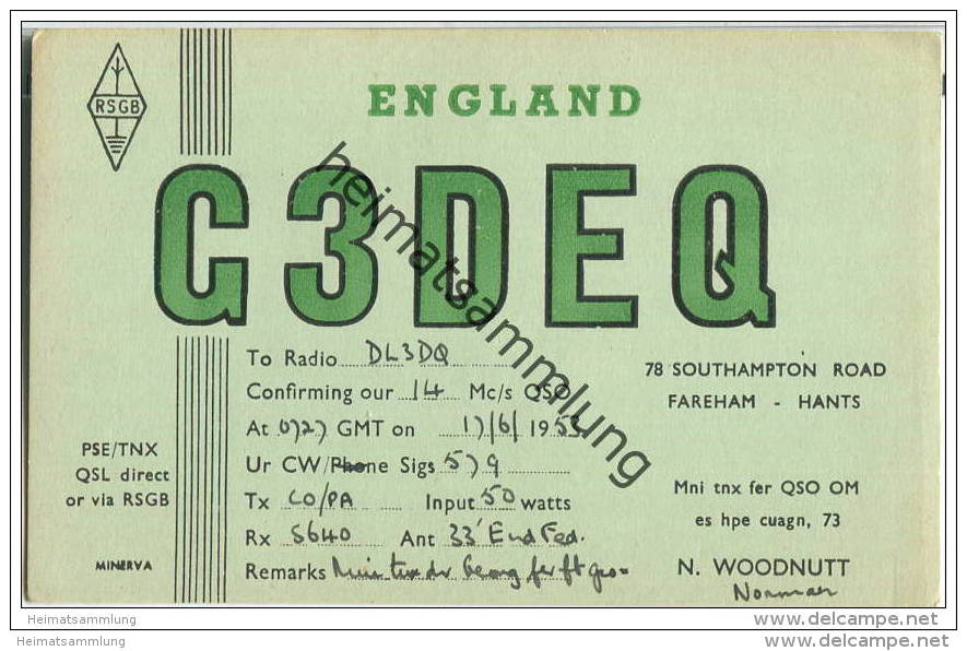 QSL - QTH - Funkkarte - G3DEQ - Great Britain - Fareham-Hants - 1953 - CB