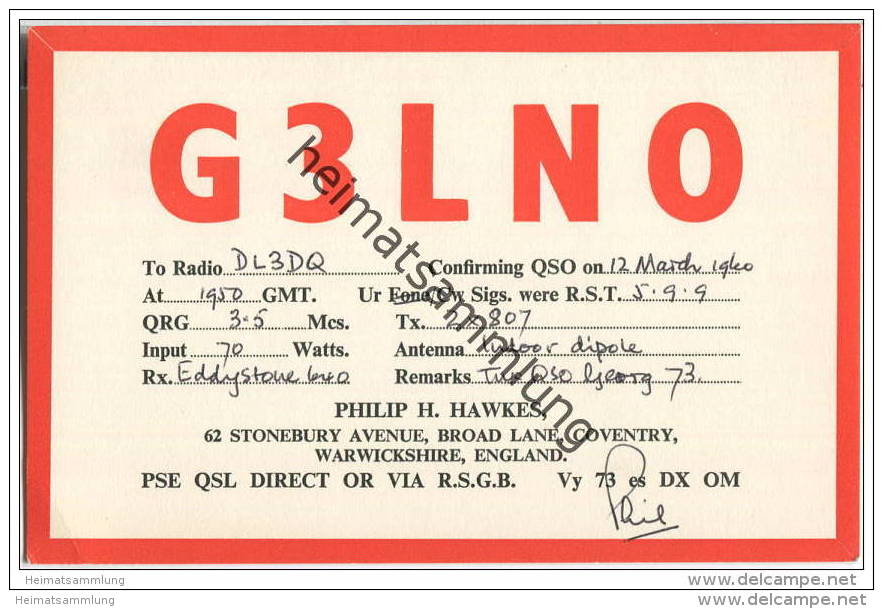 QSL - QTH - Funkkarte - G3LNO - Great Britain - Warwickshire - 1960 - CB