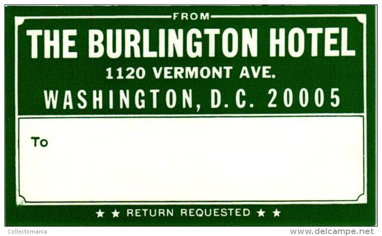 18 HOTEL Labels USA WASHINGTON D.C.Willard Raleigh Burlington Ebbitt Washington Shoreham Continental Statler Ambassador - Hotel Labels