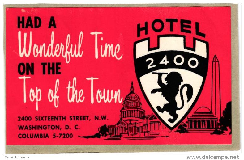 18 HOTEL Labels USA WASHINGTON D.C.Willard Raleigh Burlington Ebbitt Washington Shoreham Continental Statler ambassador