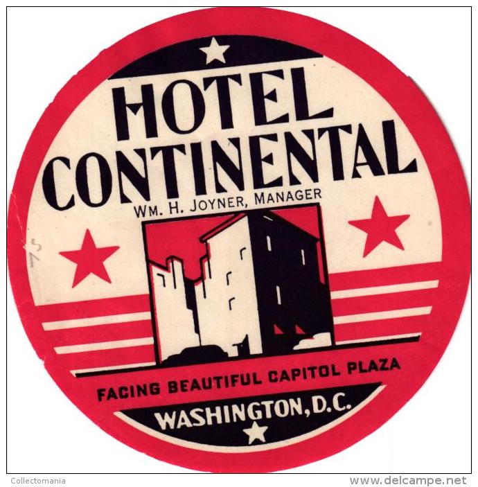 18 HOTEL Labels USA WASHINGTON D.C.Willard Raleigh Burlington Ebbitt Washington Shoreham Continental Statler ambassador