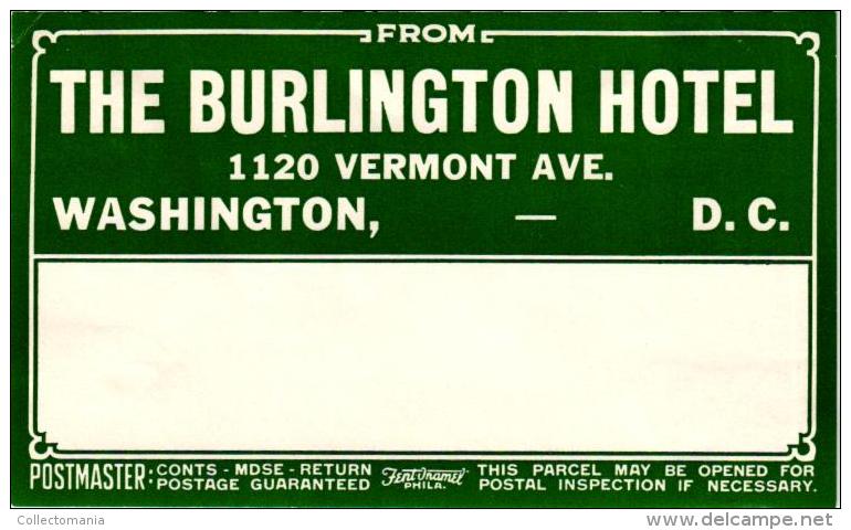 18 HOTEL Labels USA WASHINGTON D.C.Willard Raleigh Burlington Ebbitt Washington Shoreham Continental Statler ambassador