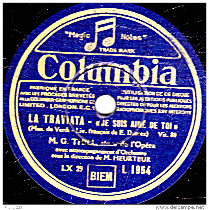 Disque 78 Tours - 30 Cm - état EX -  G. THILL  - HERODIADE "AIR DE JEAN" - LA TRAVIATA "JE SUIS AIME DE TOI" - 78 T - Disques Pour Gramophone