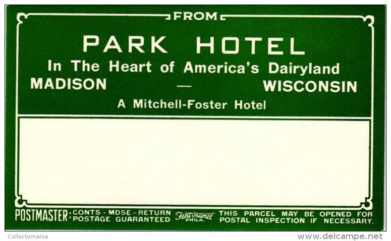 12 HOTEL Labels WISCONSIN Madison Appleton Wausau Milwaukee Beaver Dam Washington Spokane Seattle