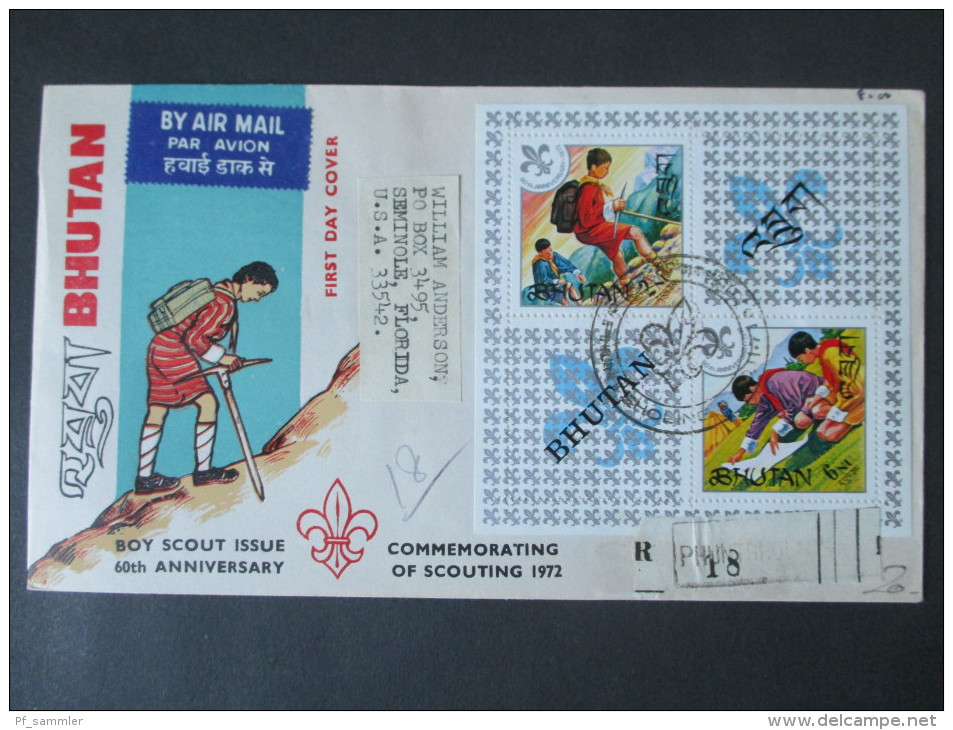 Bhutan 1971 Block 47A FDC. Luftpost In Die USA! Boy Scout Issue. Pfadfinder. R-Brief. Phunt... R 18. LA. PGO 1972 - Bhutan