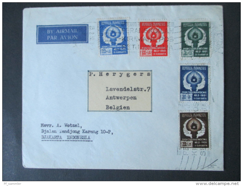 Indonesien 1951/52 Nr. 89 - 93 Satzbrief! Lustpost / Airmail. Nationales Sportfest Jakarta. Nach Belgien / Antwerpen - Indonésie