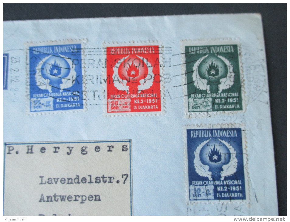 Indonesien 1951/52 Nr. 89 - 93 Satzbrief! Lustpost / Airmail. Nationales Sportfest Jakarta. Nach Belgien / Antwerpen - Indonesia