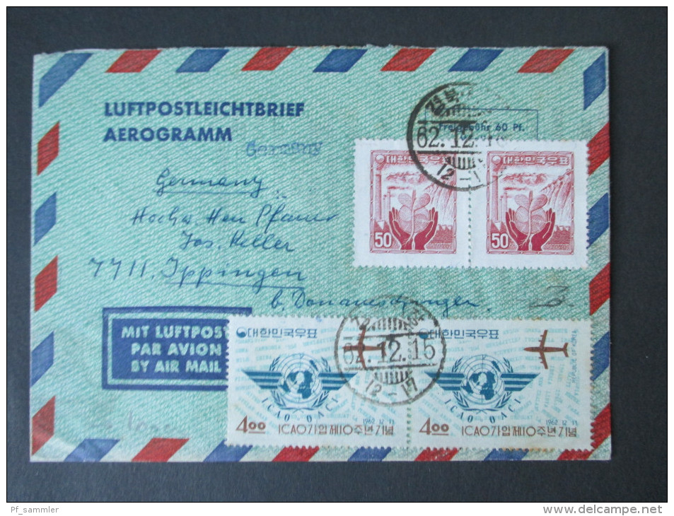 Süd Korea 1962 Luftpostleichtbrief / Aerogramm. An Den Hochw. Pfarrer Jos. Heller In Ippingen. Schöne MiF. - Korea (Zuid)