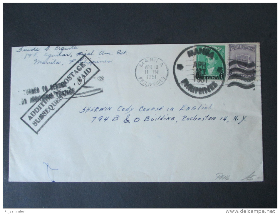 USA / Philippinen 1951 Manila. Additional Postage Subsequenily Paid. - Filippine