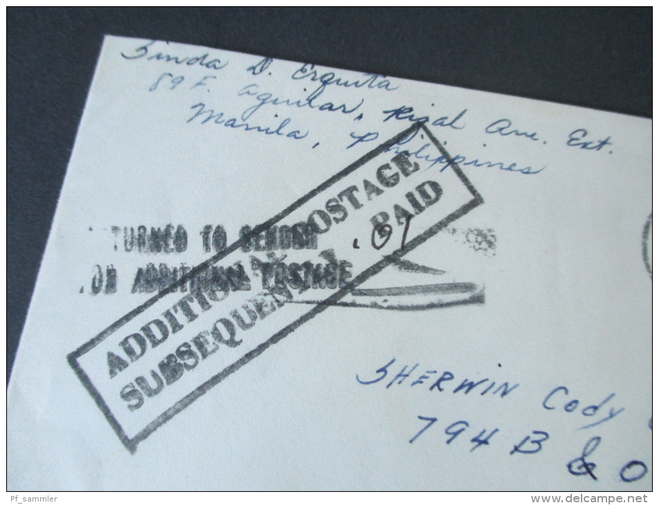 USA / Philippinen 1951 Manila. Additional Postage Subsequenily Paid. - Philippines