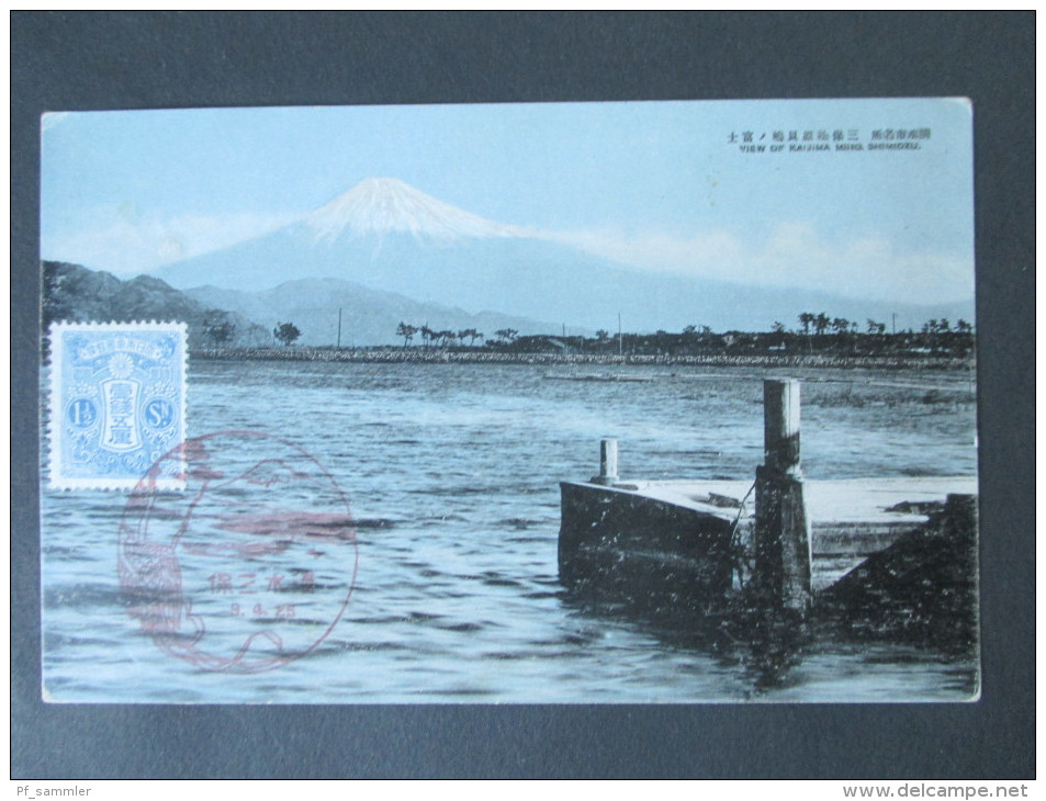 Japan 1925 Postkarte Mit 1 1/2 Sen Und Rotem Sonderstempel! FDC? View Of Kaijima Miho, Shimidzu. Berg / Vulkan - Lettres & Documents