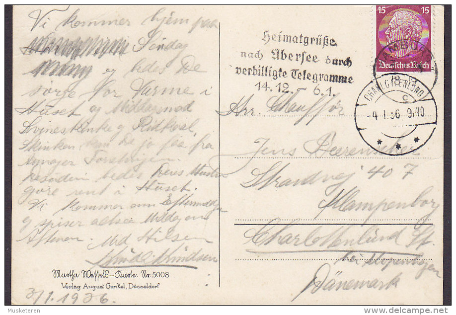 Germany Deutsches Reich PPC Slogan Heimatgrüsse Nach Übersee Durch Telegramme HAMBURG 1936 CHARLOTTENLUND Denmark 2 Scan - Briefe U. Dokumente