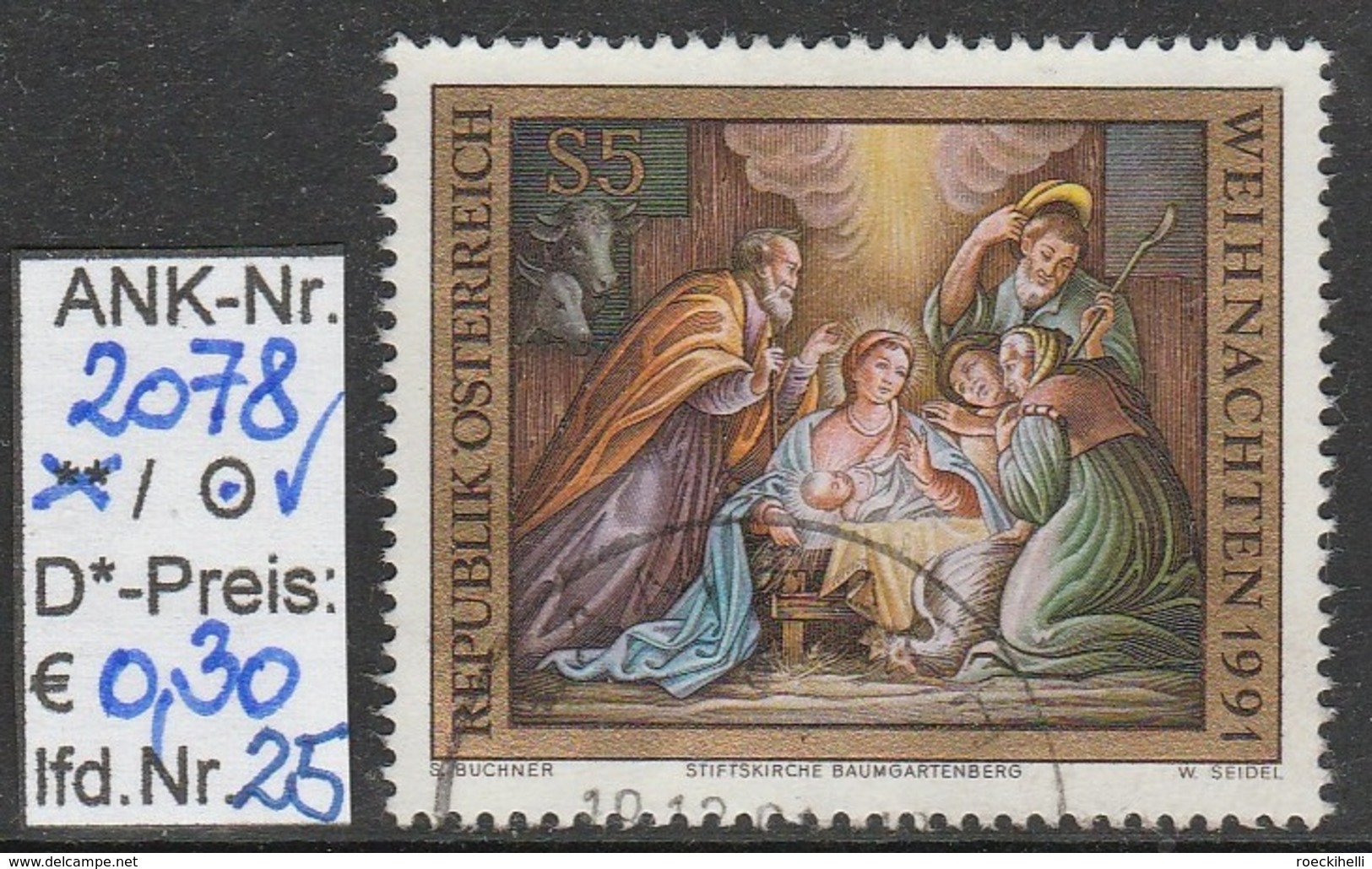 29.11.1991 - SM "Weihnachten 1991"  -  o  gestempelt -  siehe Scan  (2078o 01-27)