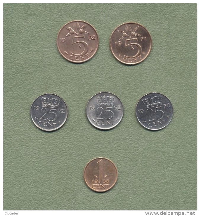 PAYS BAS - 6 Pièces - 25 Cent 1962/70/72 - 5 Cent 1952/71 - 1 Cent 1958 - Handelswährungen