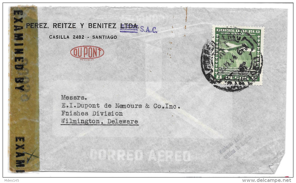 Chile Censored Commercial Cover WWII DuPont Santiago To US 1943 Censor Tape 30039 - Chile